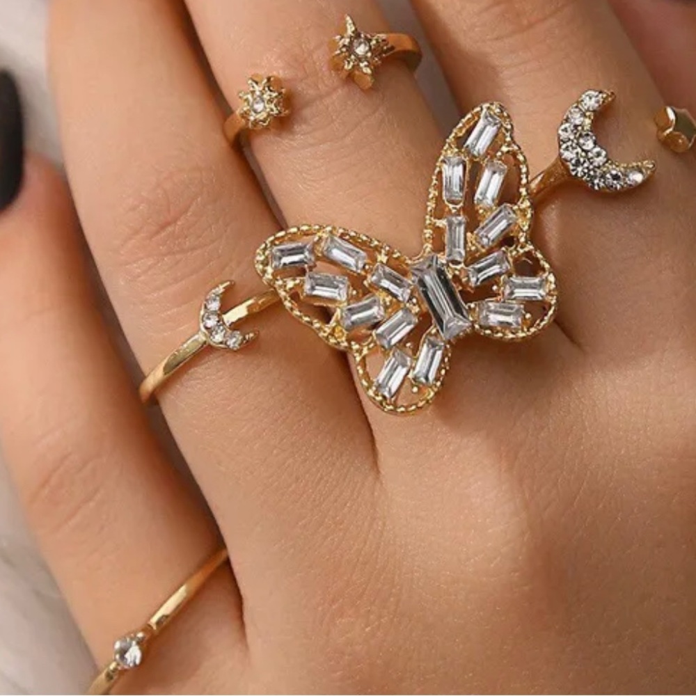 New 5 PCS Adjustable Rhinestone Butterfly Moon Ring Set - Picture 4 of 5